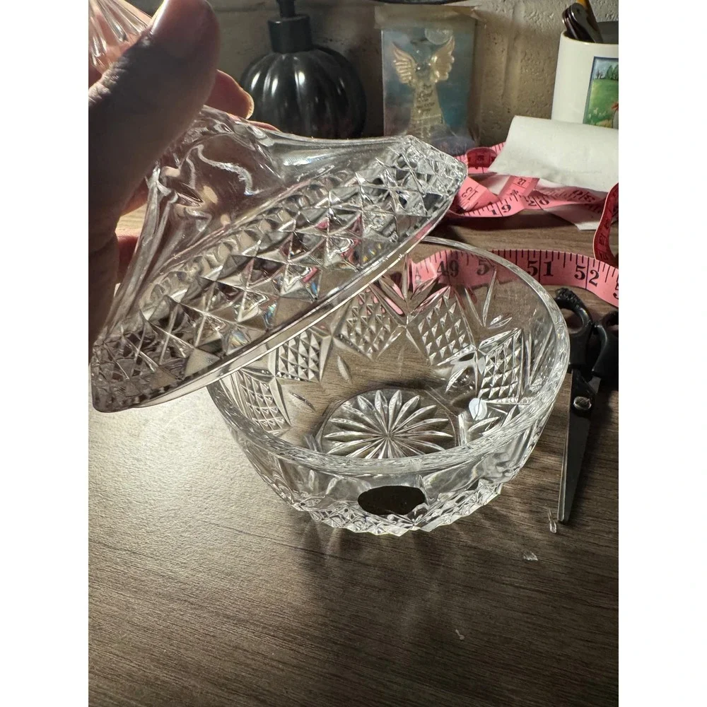 Vintage Crystal Candy Dishes Set of 2 Lidded Glass Bowls Diamond Cut Pattern